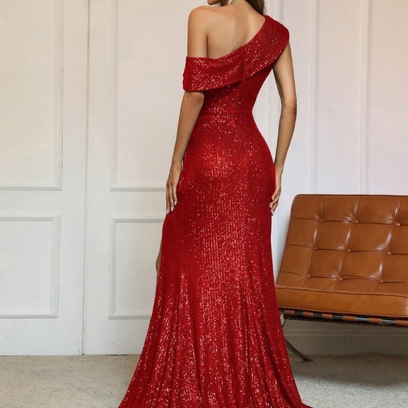 Red Preppy Womens Asymmetrical Neck Ruched Wrap Hem Sequin Prom Dress - Picture 3 of 5